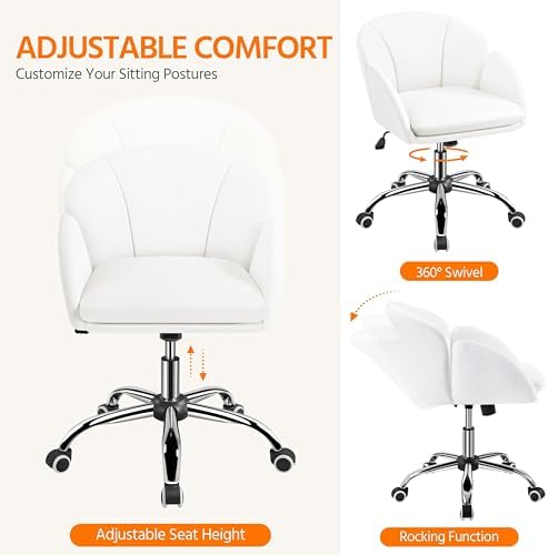 Yaheetech White Desk Chair Vanity Chair with Back Modern Faux Leather Swivel Rolling Office Computer Armchair for Living Room  Bedroom