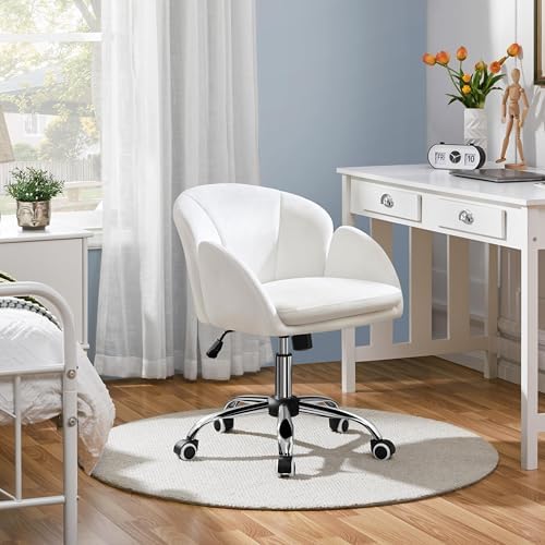 Yaheetech White Desk Chair Vanity Chair with Back Modern Faux Leather Swivel Rolling Office Computer Armchair for Living Room  Bedroom