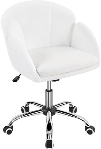 Yaheetech White Desk Chair Vanity Chair with Back Modern Faux Leather Swivel Rolling Office Computer Armchair for Living Room  Bedroom