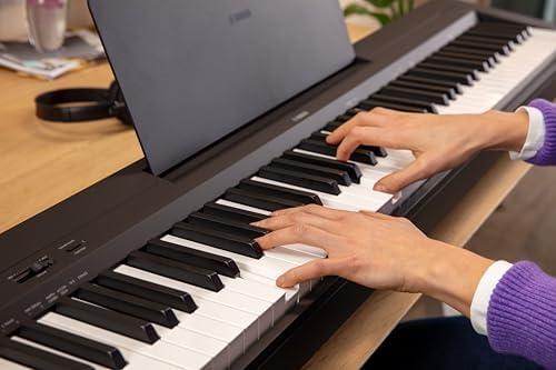 Yamaha 88 Key Digital Piano with Weighted Keys  Compact Design  Bluetooth  Keyboard  Music Rest  Sustain Foot Switch  and Built in Speakers for Home Practice or Travel P145BT