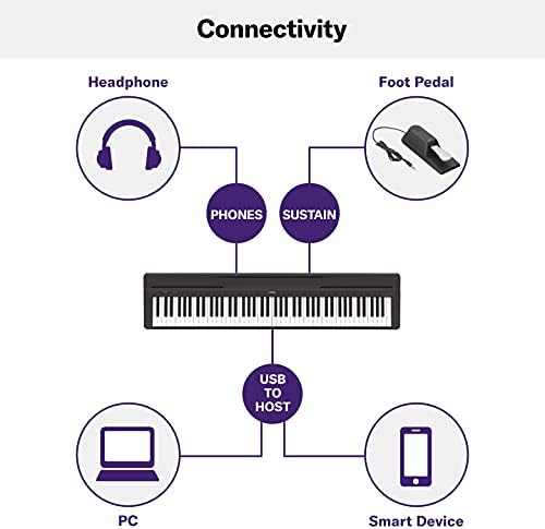 Yamaha 88 Key Weighted Portable Digital Piano Keyboard with Music Rest  Sustain Foot Switch  Built in Speakers  USB Connectivity  Black  P45B 