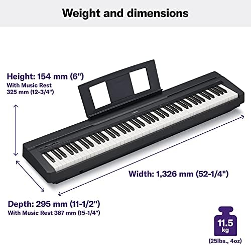 Yamaha 88 Key Weighted Portable Digital Piano Keyboard with Music Rest  Sustain Foot Switch  Built in Speakers  USB Connectivity  Black  P45B 