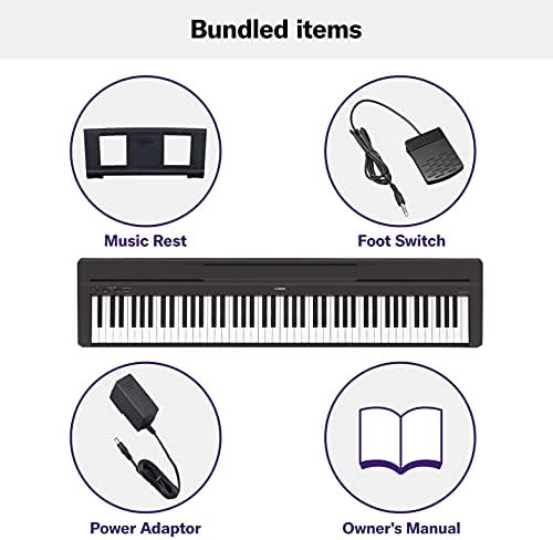 Yamaha 88 Key Weighted Portable Digital Piano Keyboard with Music Rest  Sustain Foot Switch  Built in Speakers  USB Connectivity  Black  P45B 