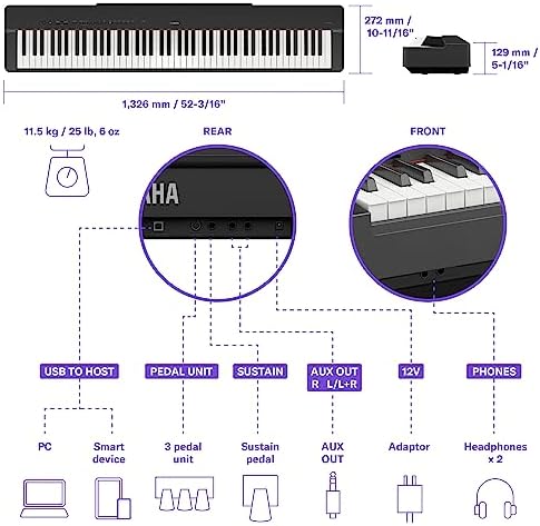 Yamaha P225B, piano digital de acción ponderada de 88 teclas con fuente de alimentación y pedal de sostenimiento, negro (P225B)
