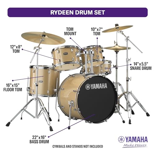 Yamaha Rydeen 5 Piece Drum Set With 22 Bass Drum  Floor Tom  2 Toms With Ball Clamp And Wood Snare Drum  Champagne Glitter
