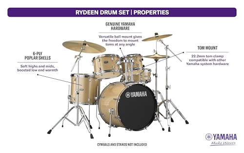 Yamaha Rydeen 5 Piece Drum Set With 22 Bass Drum  Floor Tom  2 Toms With Ball Clamp And Wood Snare Drum  Champagne Glitter
