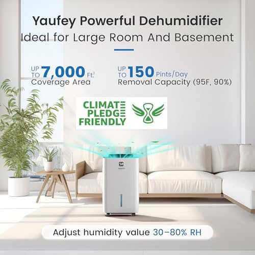Yaufey 150 Pints Dehumidifier for Home  Basement and Large Room up to 7000 Sq  Ft   with Drain Hose  Timer  Intelligent Humidity Control and Large Water Tank