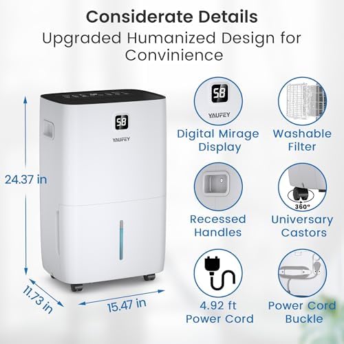 Yaufey 150 Pints Dehumidifier for Home  Basement and Large Room up to 7000 Sq  Ft   with Drain Hose  Timer  Intelligent Humidity Control and Large Water Tank