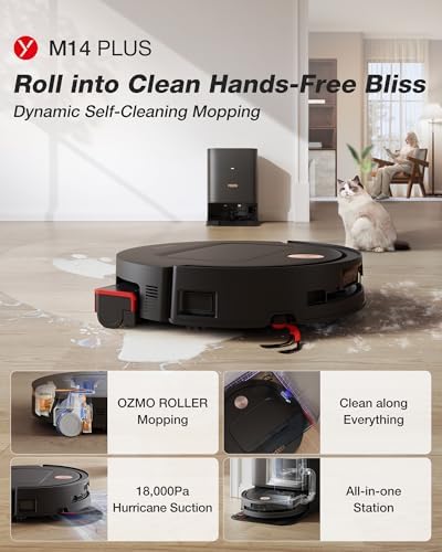 Yeedi M14 Plus Robot Vacuum and Mop  18 000Pa Suction  OZMO Roller Instant Self Washing Mopping  167  Smart Dynamic Hot Wash & Auto Dry  ZeroTangle 3 0 Anti Hair Brush  All in One Omni Station  Black