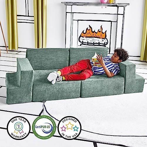 Yourigami Kids and Toddler Play Gym  Playroom Couch Set  Durable Modular Design  Green Meadows