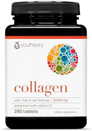 Youtheory Advanced Collagen   6 000 mg Hydrolyzed Collagen Peptides   Includes Antioxidants & Contains Vitamin C   Hair Growth  Nails  Joint Health & Bone Support    290 Tablets  48 Day Supply