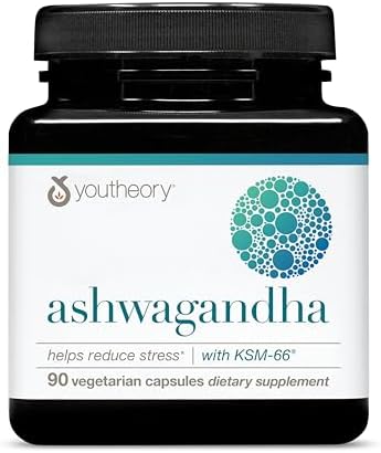 Youtheory Ashwagandha   1 000 mg   Stress & Cortisol Support Supplement   Adaptogenic Herbal Blend with KSM 66 Ashwagandha & Ginger   90 Vegetarian Capsules