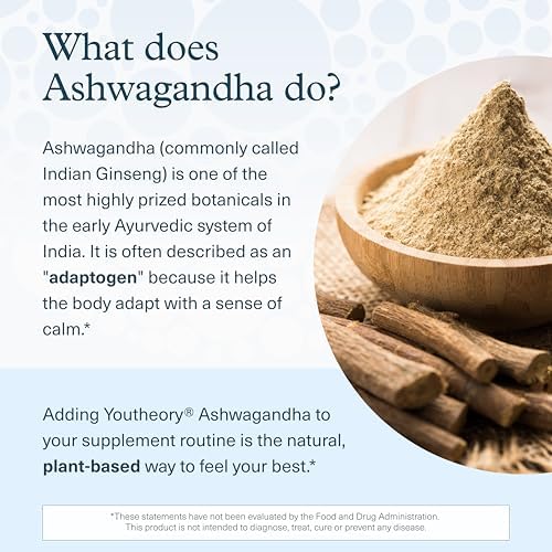 Youtheory Ashwagandha   1 000 mg   Stress & Cortisol Support Supplement   Adaptogenic Herbal Blend with KSM 66 Ashwagandha & Ginger   90 Vegetarian Capsules