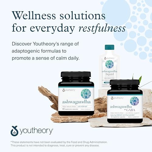 Youtheory Ashwagandha   1 000 mg   Stress & Cortisol Support Supplement   Adaptogenic Herbal Blend with KSM 66 Ashwagandha & Ginger   90 Vegetarian Capsules