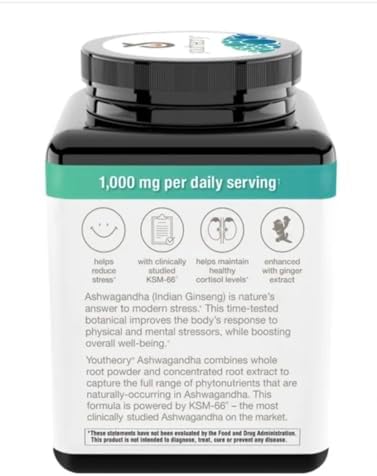 Youtheory Ashwagandha 1000mg with KSM 66   Helps Support a Healthy Stress Response 180 Capsules  Pack of 1