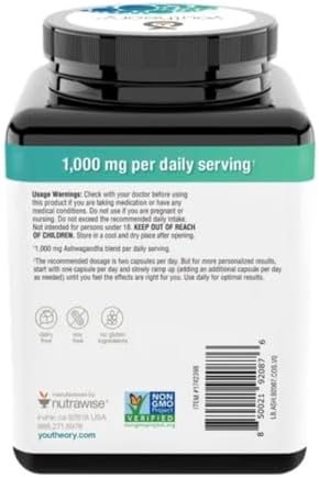 Youtheory Ashwagandha 1000mg with KSM 66   Helps Support a Healthy Stress Response 180 Capsules  Pack of 1
