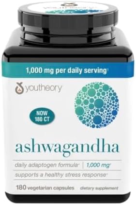 Youtheory Ashwagandha 1000mg con KSM-66 - Ayuda a apoyar una respuesta saludable al estrés, 180 cápsulas (paquete de 1)