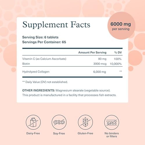 Colágeno + biotina - Suplemento avanzado de colágeno - con péptidos hidrolizados, vitamina C y vitamina B - Apoya el crecimiento del cabello, la salud de las uñas y la piel - 390 tabletas