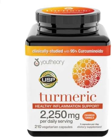Youtheory Turmeric Curcumin Supplement with Black Pepper BioPerine  Powerful Antioxidant Properties for Joint & Healthy Inflammation Support 2250 MG 210 Capsules