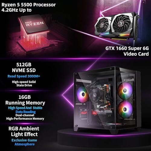 ZER LON Gaming PC Desktop Computer  AMD Ryzen 5 5500 up to 4 2GHz  GTX 1660S 6G GDDR6  16G DDR4 RAM  512GB SSD  WiFi 5 0  Prebuilt Gaming PC Tower Computer