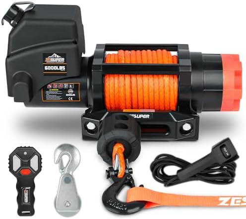 ZESUPER 6000lb Waterproof IP67 Electric Winch for UTV ATV Trailer  12 Volt Winch with Synthetic Rope Hawse Fairlead  Wireless Handheld Remote and Corded Control