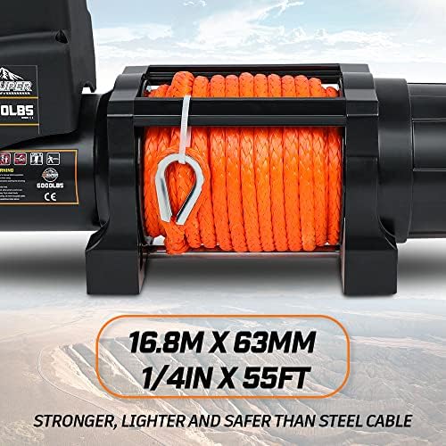 Cabrestante eléctrico IP67 impermeable de 6000 libras para remolques UTV ATV, cabrestante de 12 voltios con cuerda sintética, Hawse Fairlead, control remoto inalámbrico de mano y control con cable