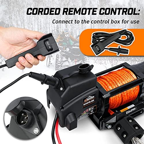 Cabrestante eléctrico IP67 impermeable de 6000 libras para remolques UTV ATV, cabrestante de 12 voltios con cuerda sintética, Hawse Fairlead, control remoto inalámbrico de mano y control con cable