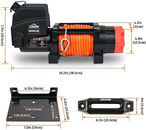 Cabrestante eléctrico IP67 impermeable de 6000 libras para remolques UTV ATV, cabrestante de 12 voltios con cuerda sintética, Hawse Fairlead, control remoto inalámbrico de mano y control con cable