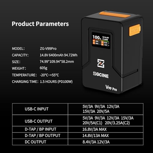 ZGCINE V Mount Battery V99 Pro  99Wh with Max 100W Output/Input  1 5H Full Charge Requires PD100W Charger   with USB C  D TAP  Dual DC Ports  OLED Screen  for Camera  Camcorder  Monitor  Video Light