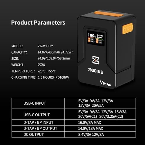 ZGCINE V Mount Battery V99 Pro PD100W Fast Charging 6400mAh 94 72Wh 14 8V Mini V Mount Battery with D Tap/Dual USB C/BP/Dual DC Ports/OLED Screen for Camera  Camcorder Phone Monitor Video Light