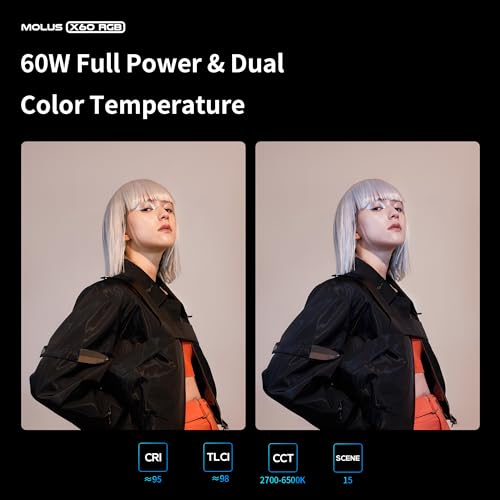 ZHIYUN Molus X60 RGB Combo 60W COB Video Light  319g Portable LED Light  2700K 6500K CRI 95 TLCI 98 w/Detachable Grip Battery Support APP Control and PD Charge