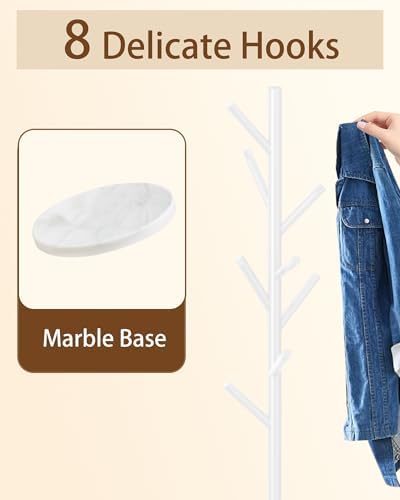 ZIVIEV Modern Coat Rack Stand  Metal Freestanding Coat Rack with Natural Marble Base  White Coat Racks with 8 Hooks and Coat Hanger Tree Jacket Stand for Office  Entryway  Hallway