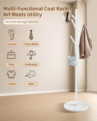 ZIVIEV Modern Coat Rack Stand  Metal Freestanding Coat Rack with Natural Marble Base  White Coat Racks with 8 Hooks and Coat Hanger Tree Jacket Stand for Office  Entryway  Hallway