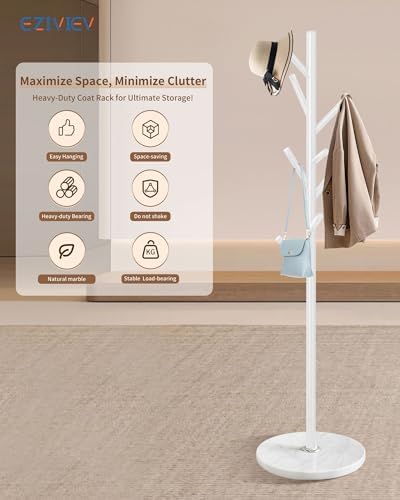 ZIVIEV Modern Coat Rack Stand  Metal Freestanding Coat Rack with Natural Marble Base  White Coat Racks with 8 Hooks and Coat Hanger Tree Jacket Stand for Office  Entryway  Hallway