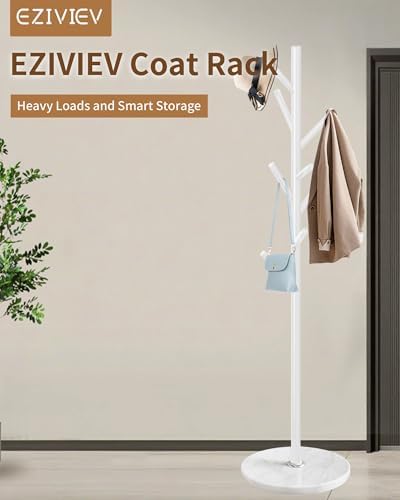 ZIVIEV Modern Coat Rack Stand  Metal Freestanding Coat Rack with Natural Marble Base  White Coat Racks with 8 Hooks and Coat Hanger Tree Jacket Stand for Office  Entryway  Hallway