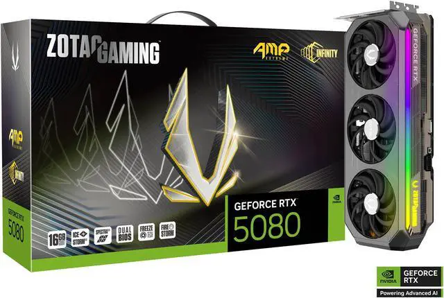 ZOTAC AMP Extreme Infinity GeForce RTX 5080 16GB 256 Bit GDDR7 PCI Express 5 0 DLSS 4 0 Graphics Card ZT B50800B 10P