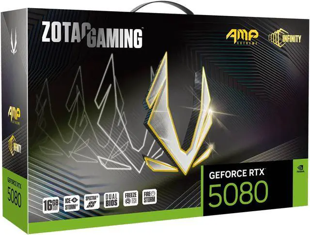 ZOTAC AMP Extreme Infinity GeForce RTX 5080 16GB 256 Bit GDDR7 PCI Express 5 0 DLSS 4 0 Graphics Card ZT B50800B 10P