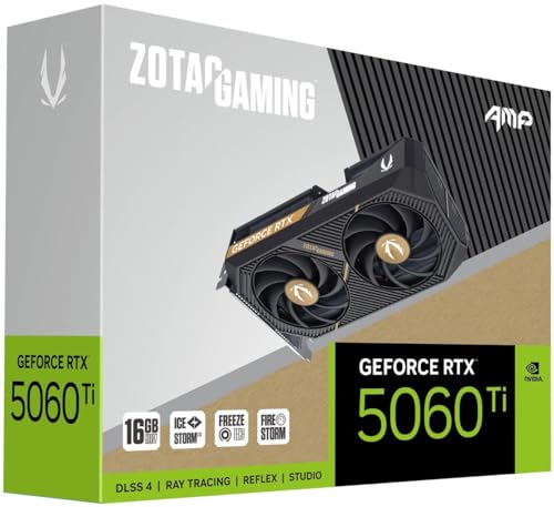 ZOTAC Gaming GeForce RTX 5060 Ti 16GB AMP DLSS 4 16GB GDDR7 128-bit 28 Gbps PCIE 5.0 Tarjeta gráfica para juegos, refrigeración IceStorm 2.0, iluminación LED blanca, ZT-B50620F-10M