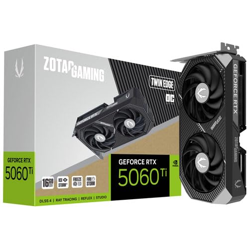 ZOTAC Gaming GeForce RTX 5060 Ti 16GB Twin Edge OC DLSS 4 16GB GDDR7 128-bit 28 Gbps PCIE 5.0 Tarjeta gráfica para juegos, IceStorm 2.0 Cooling, SFF-Ready, ZT-B50620H-10M