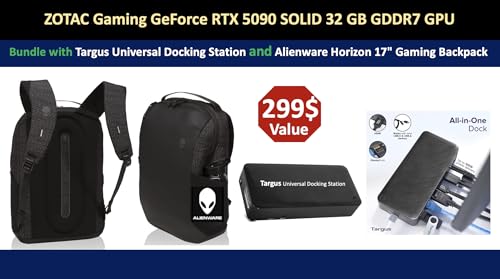 ZOTAC Gaming GeForce RTX 5090 Solid 32 GB GDDR7 GPU  512 bit  2407 MHz  28 Gbps  PCI Express 5 0 x16  IceStorm 3 0 Advanced Cooling  Bundle with Targus Dock Station and Backpack Alinware