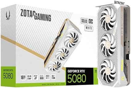 PRODUCTO AGOTADO - ZOTAC Gaming GeForce RTX 5080 Solid OC White Edition DLSS 4 16GB GDDR7 256 bit 30 Gbps PCIE 5 0 Gaming Graphics Card  IceStorm 3 0 Advanced Cooling  Spectra 2 0 ARGB Lighting  ZT B50800Q 10P