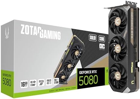 ZOTAC Gaming GeForce RTX 5080 Solid CORE OC DLSS 4 16GB GDDR7 256 bit 30 Gbps PCIE 5 0 Gaming Graphics Card  IceStorm 3 0 Advanced Cooling  Spectra RGB Lighting  ZT B50800J2 10A