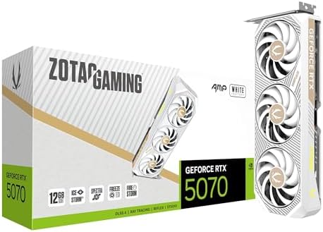 ZOTAC Gaming GeForce RTX 5070 AMP White Edition DLSS 4 12GB GDDR7 192 bit 28 Gbps PCIE 5 0 Gaming Graphics Card  IceStorm 2 0 Cooling  Spectra RGB Lighting  ZT B50700FQ 10A