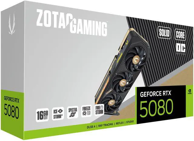 ZOTAC SOLID CORE OC GeForce RTX 5080 16GB 256 Bit GDDR7 DLSS 4 0 PCI Express 5 0 x16 Graphics Card ZT B50800J2 10P