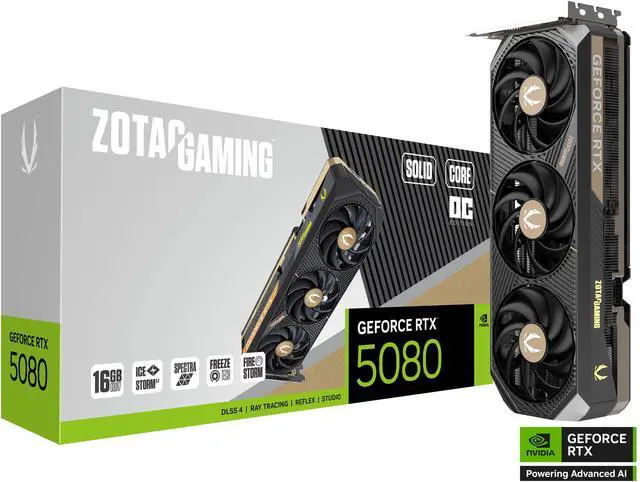 ZOTAC SOLID CORE OC GeForce RTX 5080 16GB 256 Bit GDDR7 DLSS 4 0 PCI Express 5 0 x16 Graphics Card ZT B50800J2 10P