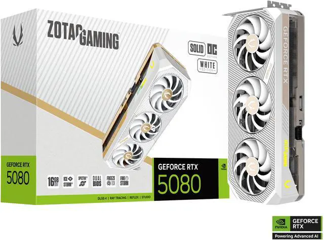 ZOTAC SOLID OC White Edition GeForce RTX 5080 16GB 256 Bit GDDR7 PCI Express 5 0 DLSS 4 0 Graphics Card ZOTAC GAMING GeForce SOLID OC White Edition ZT B50800Q 10P