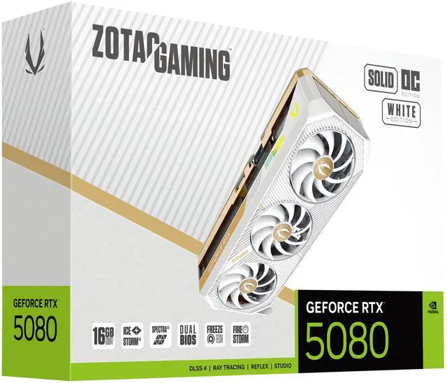 ZOTAC SOLID OC White Edition GeForce RTX 5080 16GB 256 Bit GDDR7 PCI Express 5 0 DLSS 4 0 Graphics Card ZOTAC GAMING GeForce SOLID OC White Edition ZT B50800Q 10P
