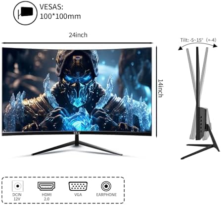 ZZA 27 Gaming Monitor FHD 144Hz Curved Computer Monitor 1080p 144hz Monitor HDMI  1 VGA 1 Tilt Adjustable VESA Compatible  Black