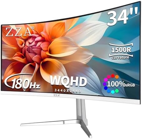 ZZA 34 Gaming Monitor 165Hz/180Hz WQHD  3440x1440P  Ultrawide 34 White Curved Monitor FreeSync for Tear Free Gaming 100  sRGB  HDMI 2 1 & DP 1 4 PBP Mode Wall Mountable