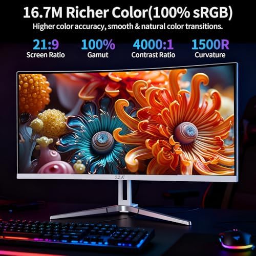 ZZA 34 Gaming Monitor 165Hz/180Hz WQHD  3440x1440P  Ultrawide 34 White Curved Monitor FreeSync for Tear Free Gaming 100  sRGB  HDMI 2 1 & DP 1 4 PBP Mode Wall Mountable